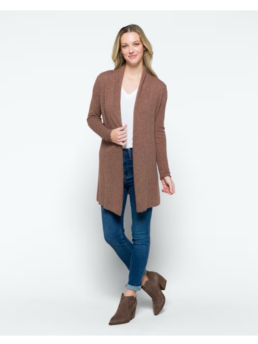 Lusso Desiree Cashmere Cardigan with Open-Front Shawl Collar - Light Brown